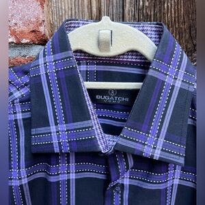 Bugatchi Uomo Men's Black and Purple Checkered Shirt L